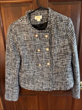 Maeve Black and White Tweed Double-Breasted Blazer with Pearl Buttons